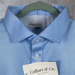 Collars & Co Polo Shirt Mens L Blue Houndstooth Relaxed Golf Dress Collar NWT
